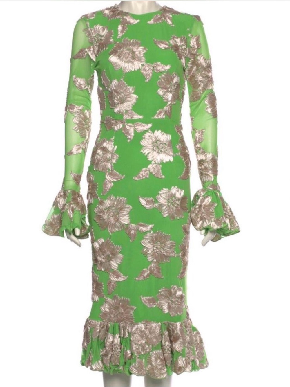 Rotate Green Floral Embroidered Long-Sleeve Midi Dress